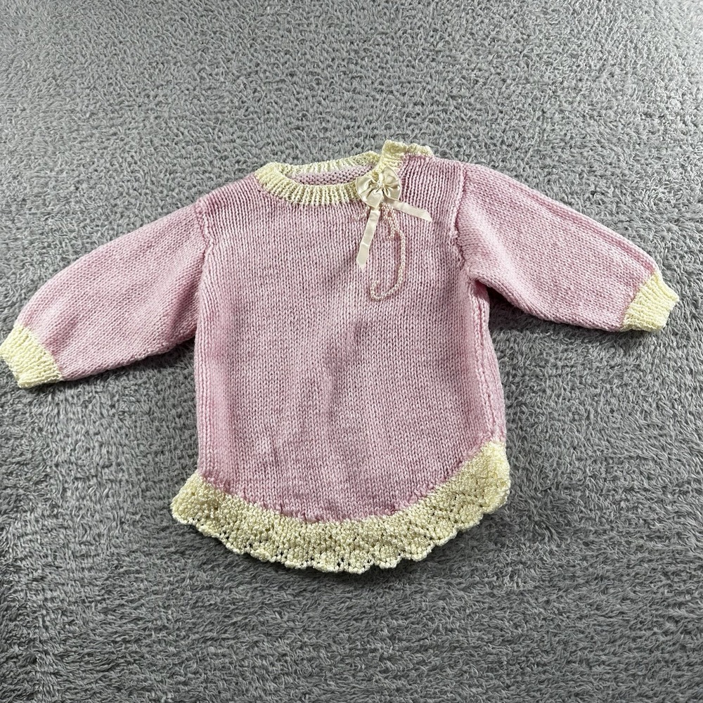 Original Hand Knit Handmade‎ Girls 2T Sweater Pink Lace Fringe Pearls Crochet
